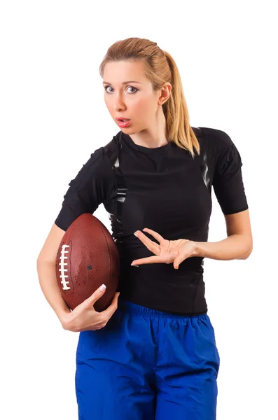 Frau mit American Football isoliert auf weiß — Stockfoto