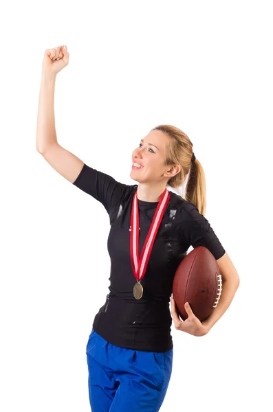 Woman with american football isolated on white — Stock Photo, Image