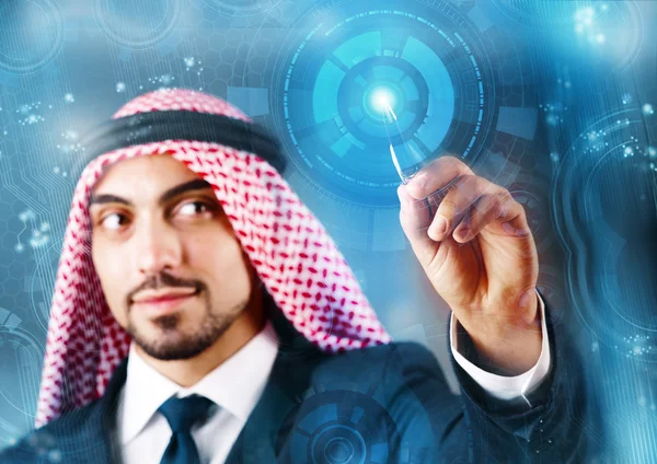 Arabiska mannen att trycka på virtuella knappar i futuristiska koncept — Stockfoto