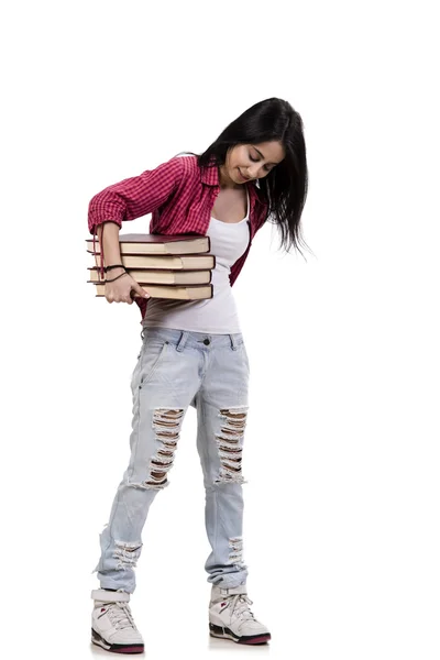 Mujer joven estudiante con libros aislados en blanco —  Fotos de Stock