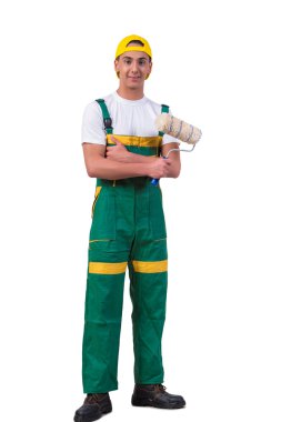 Genç tamirci ressam rulo üzerinde beyaz izole