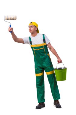 Genç tamirci ressam rulo üzerinde beyaz izole