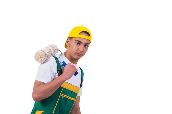 Young repairman painter with roller isolated on white — Stock Photo, Image