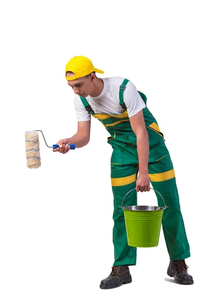 Joven pintor reparador con rodillo aislado en blanco —  Fotos de Stock