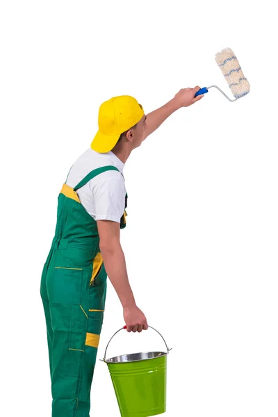 Young repairman painter with roller isolated on white — Stock Photo, Image