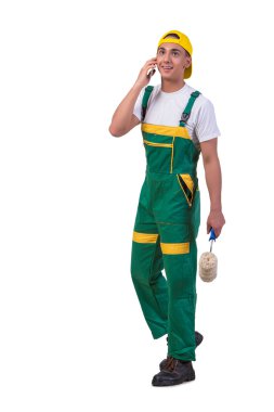 Genç ressam üstünde hareket eden telefon üzerinde beyaz izole konuşmak