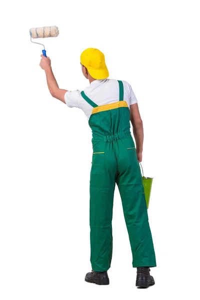 Young repairman painter with roller isolated on white — Stock Photo, Image