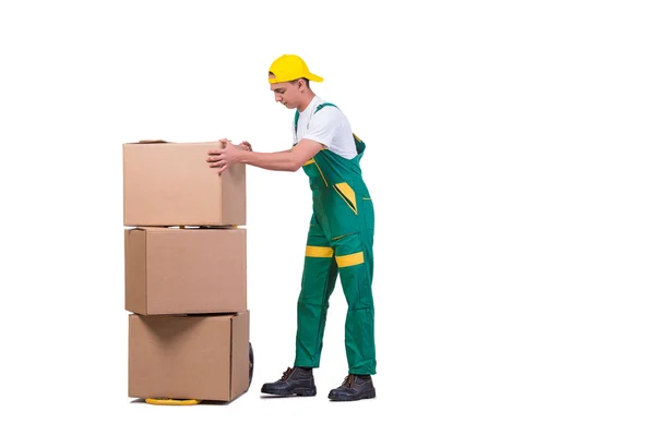 Giovane uomo in movimento scatole con carrello isolato su bianco — Foto Stock