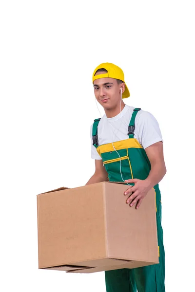 Hombre joven moviendo cajas aisladas en blanco — Foto de Stock