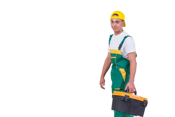 Młody człowiek z zestawu narzędzi toolbox na białym tle — Zdjęcie stockowe