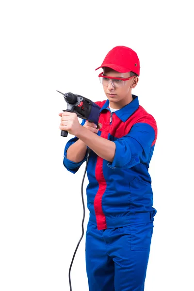 Young repairman with drill perforator isolated on white — Stock Photo, Image