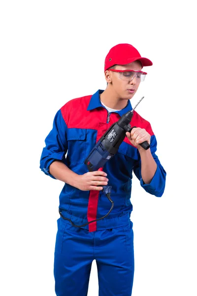 Young repairman with drill perforator isolated on white — Stock Photo, Image