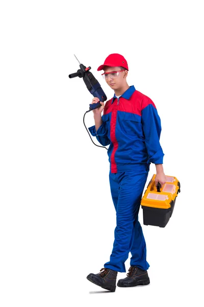Young repairman with drill perforator isolated on white — Stock Photo, Image
