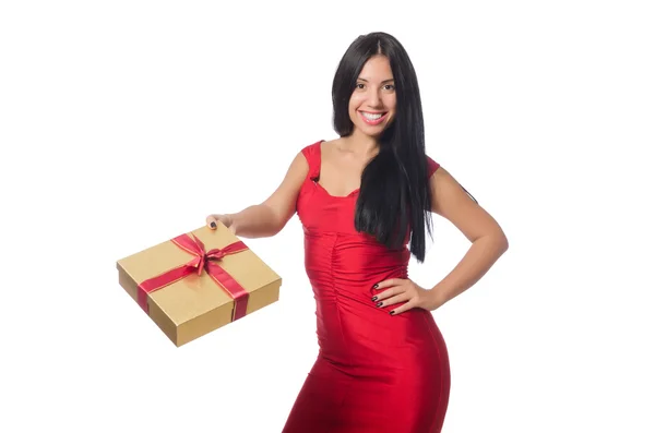 Woman with giftboxes isolated on white — Stock Photo, Image