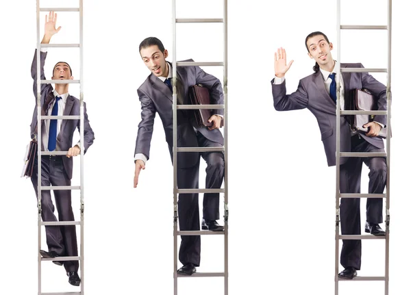 Zakenman klimmend op de ladder geïsoleerd op wit — Stockfoto