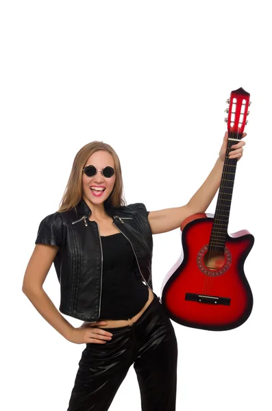 Mujer joven con guitarra aislada en blanco —  Fotos de Stock
