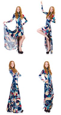 Beyaz elbiseli, mavi elbiseli çekici bir kadın.