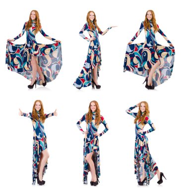 Beyaz elbiseli, mavi elbiseli çekici bir kadın.