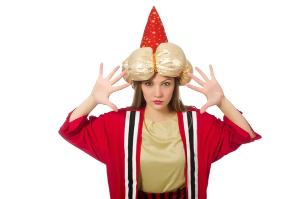 Woman wizard in red clothing isolated on white — Stock Photo, Image