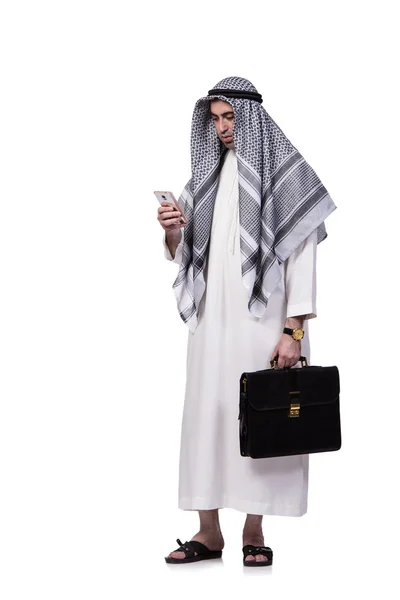 Arabiska mannen med sin mobiltelefon isolerad på vit — Stockfoto