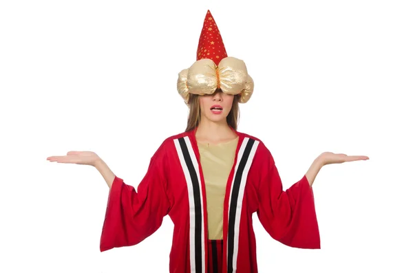 De wizard van de vrouw in rode kleding op wit wordt geïsoleerd — Stockfoto