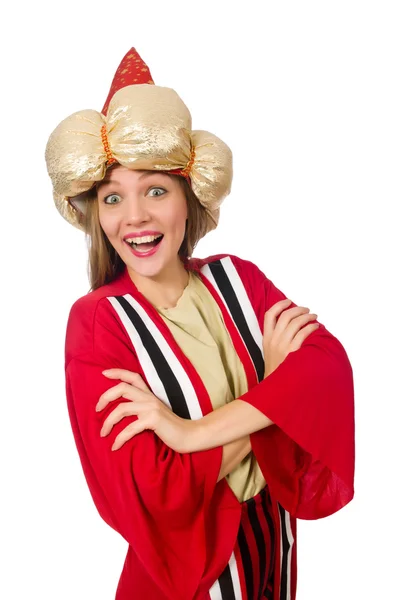 Woman wizard in red clothing isolated on white — Stock Photo, Image