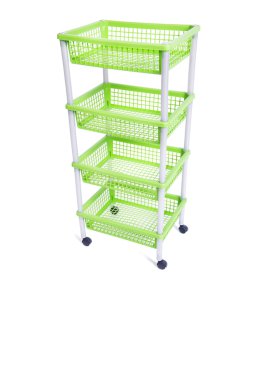 Yeşil depo raf Raf üzerinde beyaz izole tekerlekli