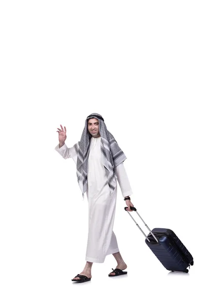 Араб с чемоданом в концепции путешествия изолирован на белом — стоковое фото