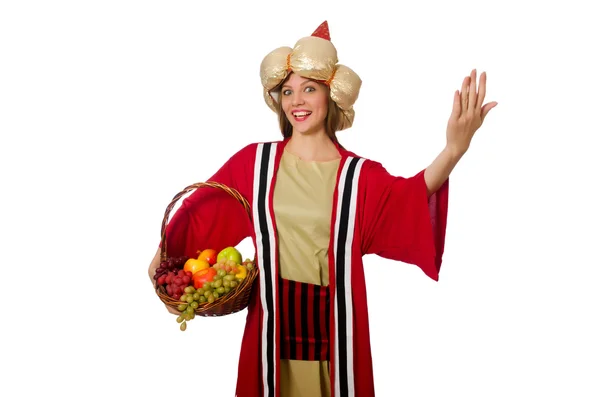 Женщина-волшебница в красной одежде изолирована на белом — стоковое фото