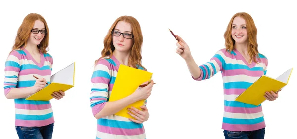 Junge Studentin mit Büchern auf Weiß — Stockfoto