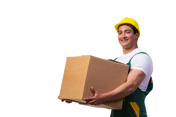 Hombre moviendo cajas aisladas sobre el fondo blanco —  Fotos de Stock