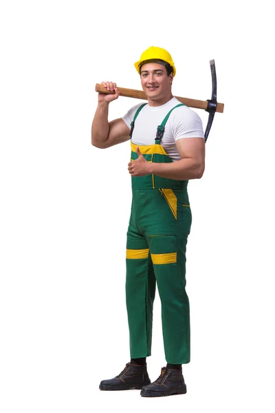 Człowiek w zielony kombinezony z toporem na białym tle — Zdjęcie stockowe