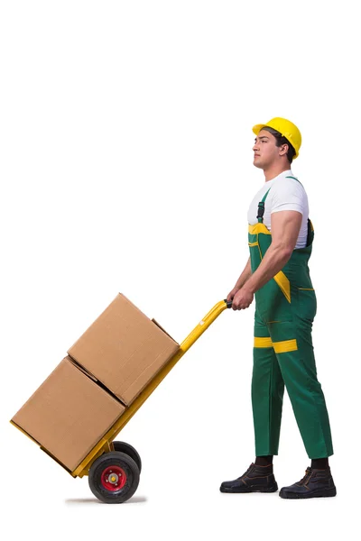 Hombre moviendo cajas aisladas sobre el fondo blanco —  Fotos de Stock