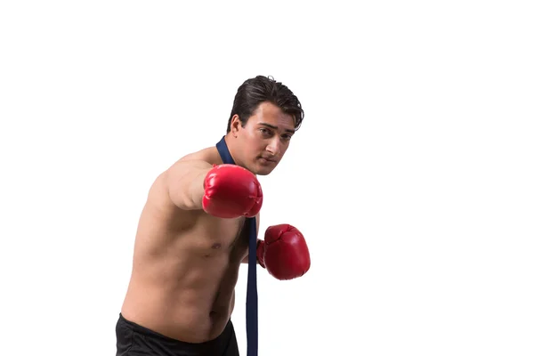 Homem de negócios rasgado com luvas de boxe isolado em branco — Fotografia de Stock