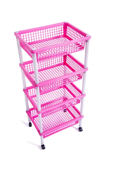 Prateleira de rack bin rosa com rodas isoladas em branco — Fotografia de Stock