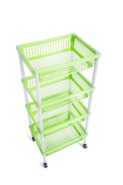 Green bin rack shelf with wheels isolated on white — Stock Photo, Image