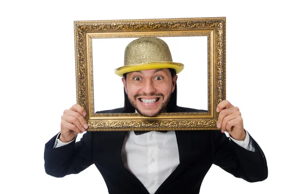 Homme avec cadre photo isolé sur blanc — Photo