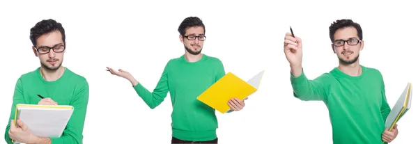 Colagem de estudante com livros sobre branco — Fotografia de Stock