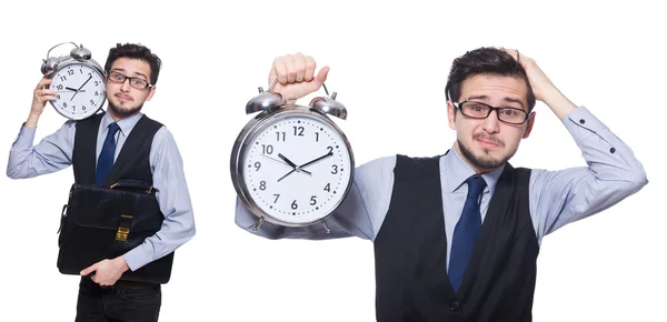 Collage av affärsman med klocka på vitt — Stockfoto