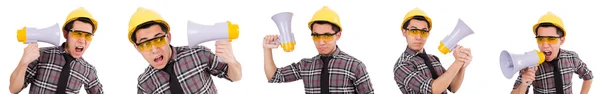 Młody pracownik budowlany z głośnikiem izolowanym na biało — Zdjęcie stockowe