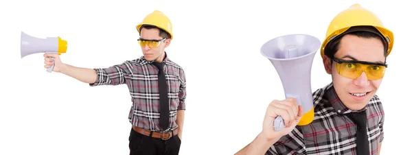 Young construction worker with loudspeaker isolated on white — Stock Photo, Image