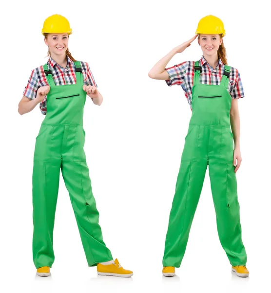 Woman in green coveralls isolated on white — Stock Photo, Image
