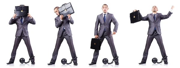 Businessman with shackles on white — Stock Photo, Image