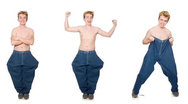 Uomo divertente con pantaloni isolati su bianco — Foto Stock