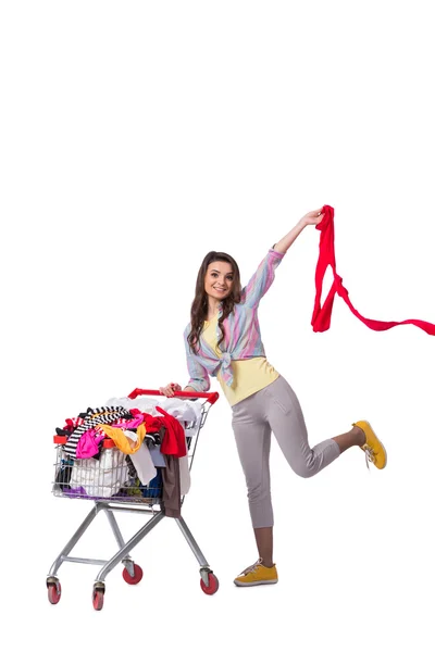 Woman after buying second hand clothing on white — Stock Photo, Image