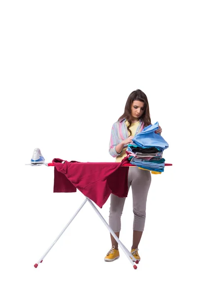 Mujer planchando ropa aislada en blanco — Foto de Stock