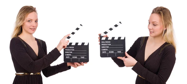 Brown dress girl holding clapperboard isolated on white — Stock Photo, Image