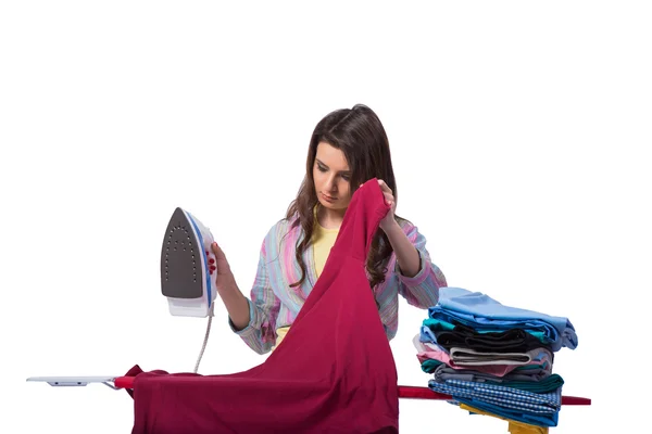 Woman ironing clothing isolated on white — Stock Photo, Image