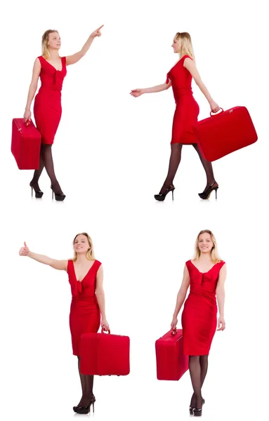 Donna viaggiante con valigia isolata su bianco — Foto Stock