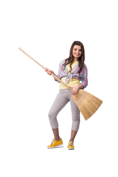 女性は、白で隔離床を掃除 — ストック写真